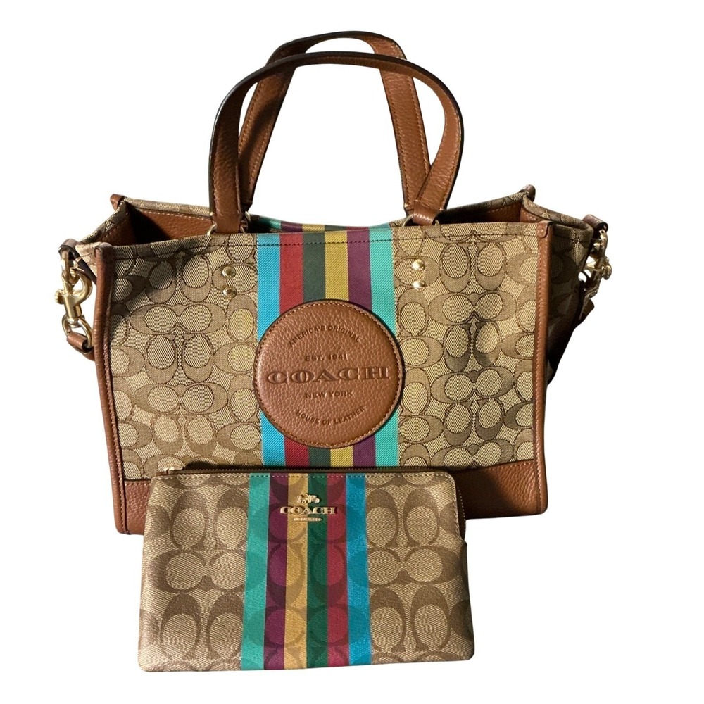 Coach Dempsey Tote 22 Signature Canvas Varsity Stripe Patch C5794 Brown Multi